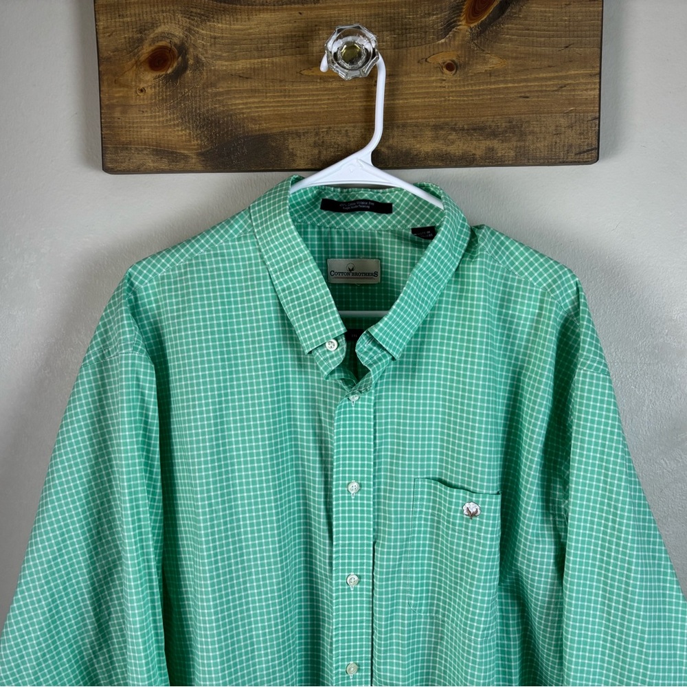 Cotton Brothers XXL Green & White Gingham Button Down Shirt Lightweight Cotton